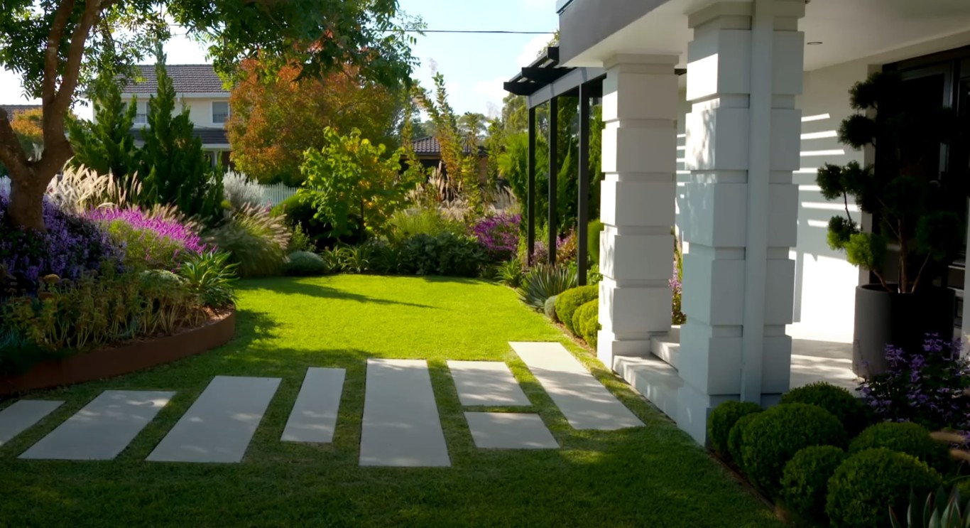Modern landscape design with paver walkway in Placentia, CA